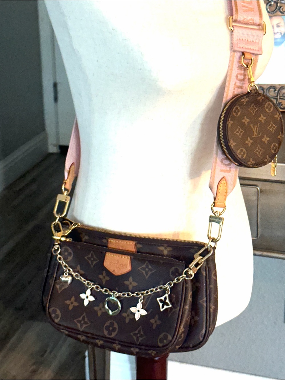 Louis Vuitton Brown Monogram Multi-Pochette with Pink Strap and Gold Charm Chain